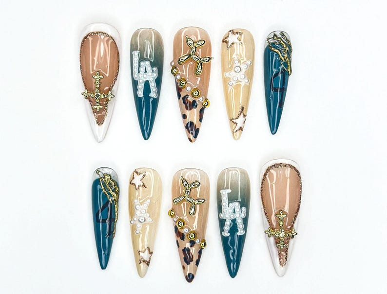 LA Safari Luxe Press On Nails Western Pearl Letter Nails Leopard & Cross Charm Nail Art Glam Cowgirl Vibe Edgy 3D Stiletto Nail Set
