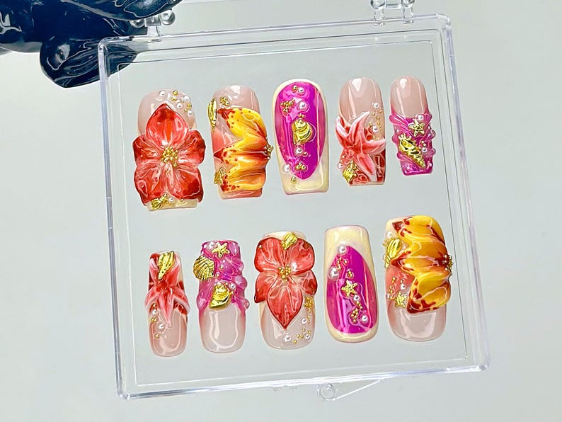 Tropical Hibiscus Press On Nails 3D Floral Summer Fake Nails Summer Bloom Nail Art Sunset Color Bloom Kawaii Nails 3D NailsOB932YC