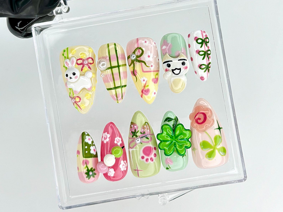 Kawaii Cute Press On Nails by DoryNails Pastel Bunny Clover 3D Press Ons Sakura Bunny Fake Nails Kawaii Spring Nail Art OB827YC