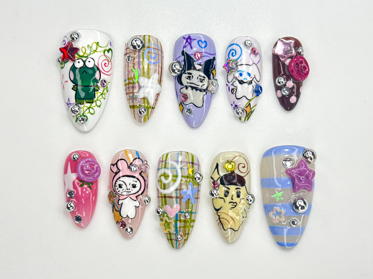 Whimsical Cartoon Pop Press On Nails Playful Character Nails Colorful 3D Kawaii Nail Design Playful Mixed Media Nails OB779HC