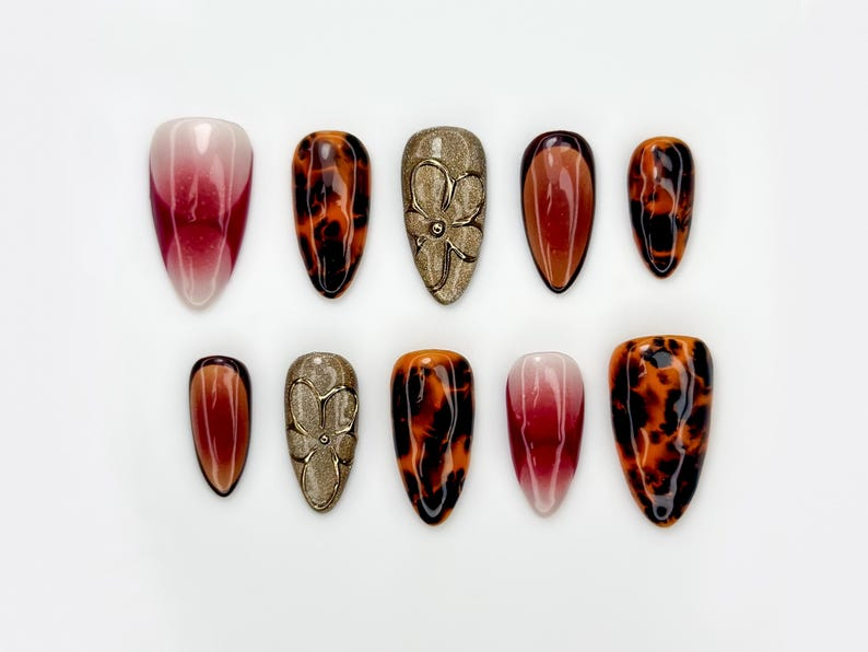 Autumn Burgundy Tortoiseshell Press On Nails Gold Orchid Accent Nails Gradient Fall Nail Art Elegant Autumn Nail Set