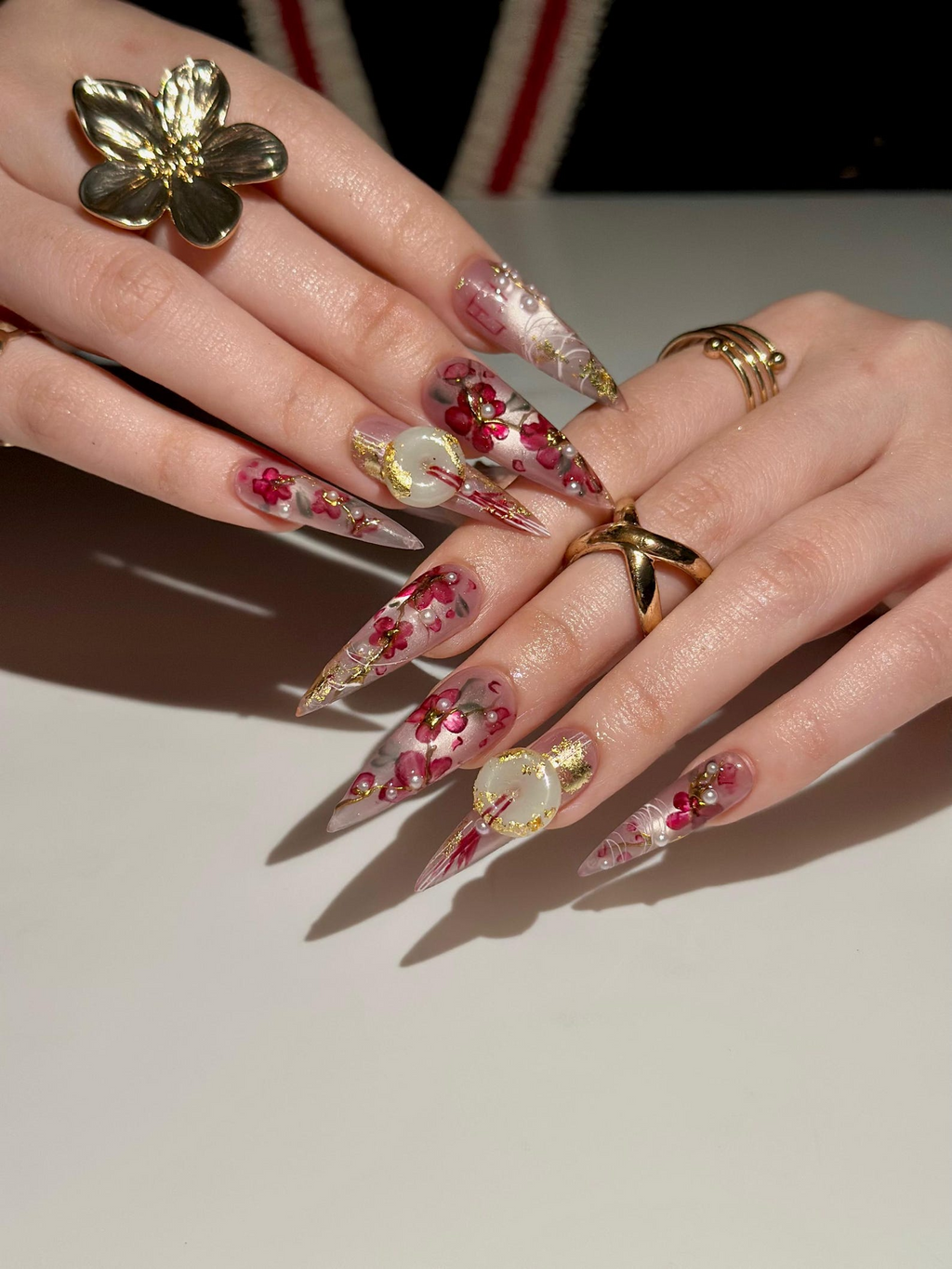 Handmade Cherry Blossom Press On Nails, Asian Inspired Luxury 3D Jade and Gold Leaf Nails