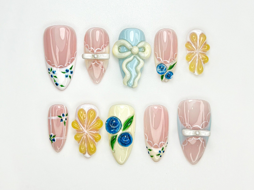 Lace French Tip Press On Nails Blueberry Floral Nails Kawaii Vintage Ribbon Nail Art 3D Bow Pink Press Ons Pastel Nails