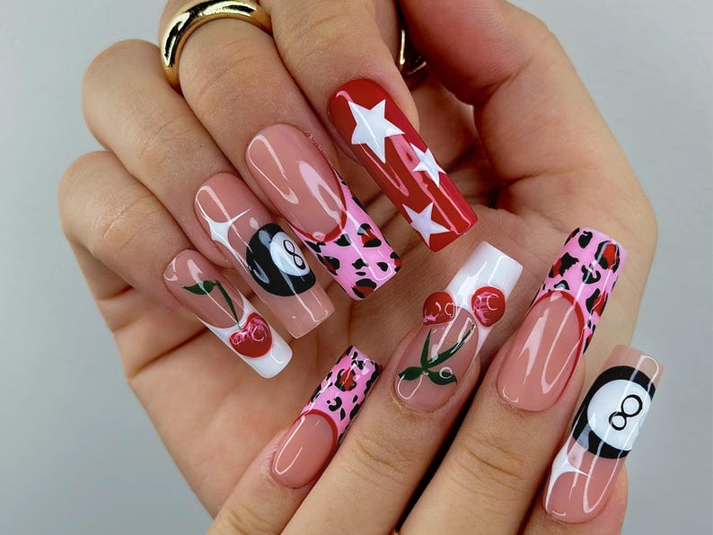 Retro Cherry Leopard Press On Nails 8 Ball & Red Star Nail Art Pink Leopard Print Nails Handmade Pop Art Nail Set
