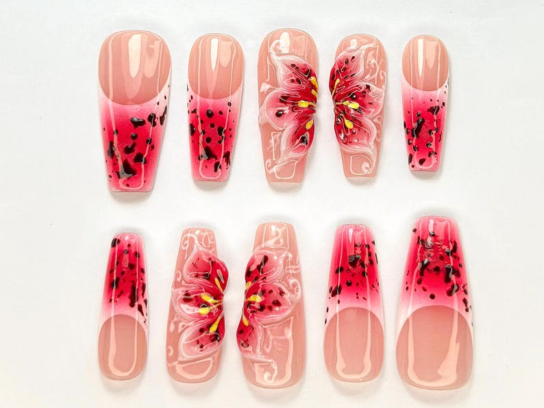 Hot Pink Bloom Press-On Nails Spring Flower Press Ons 3D Flowers Fake Nails| Perfect for Special Occasions Summer CollectionOB768YC