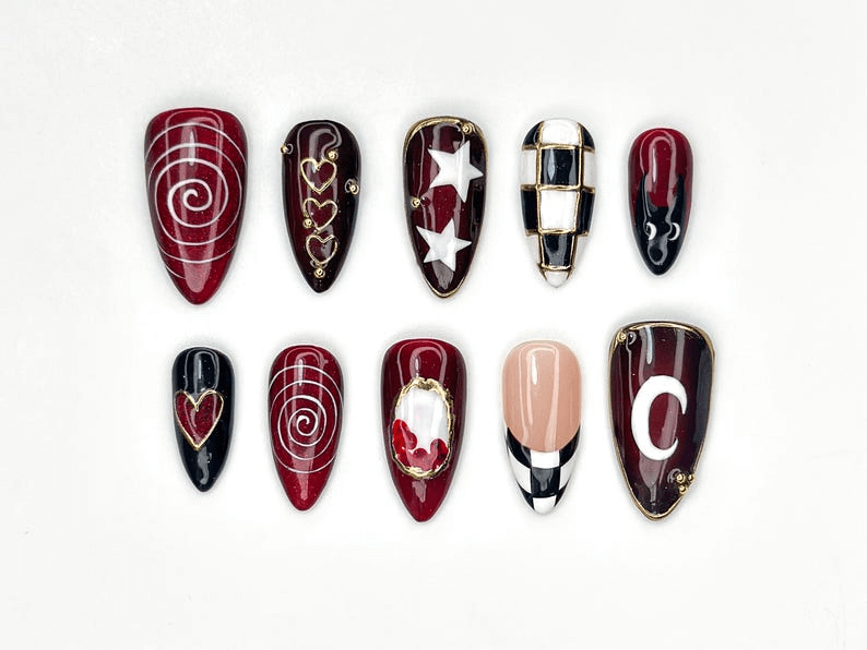 Gothic Carnival Press On Nails Red Black Swirl & Heart Nail Art Checkerboard Gothic Nail Set Handmade Cosplay Nails