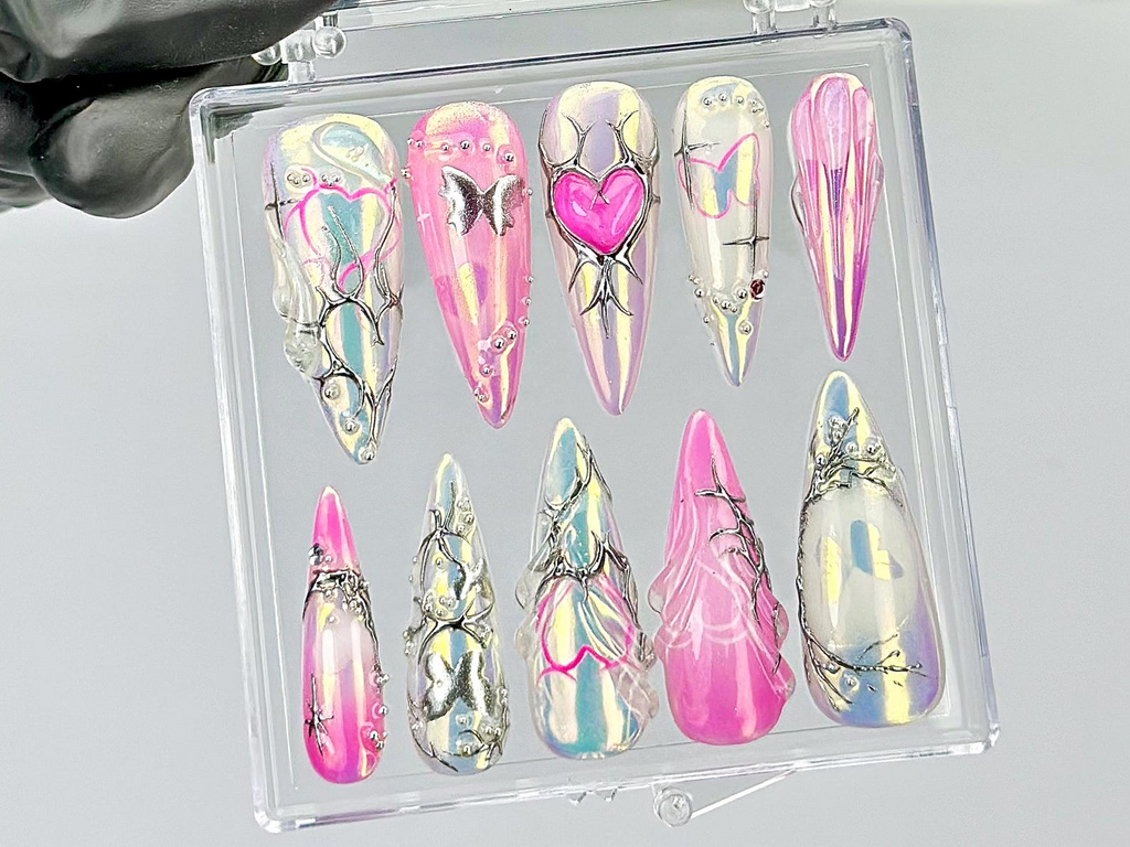 Chrome Pink Heart Press On Nails By DoryNails Y2K Silver Mirror Design Fake Nails Iridescent Butterfly Nail Art Girly Nails| OC817Y
