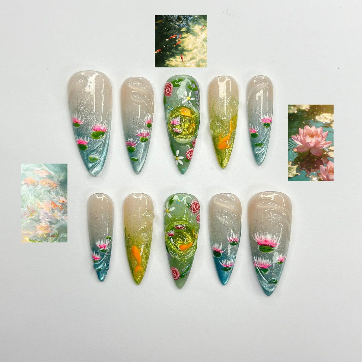 Zen Koi Pond Press On Nails, 3D Lotus Flower & Goldfish Art, Ethereal Ombre Shimmer Nails