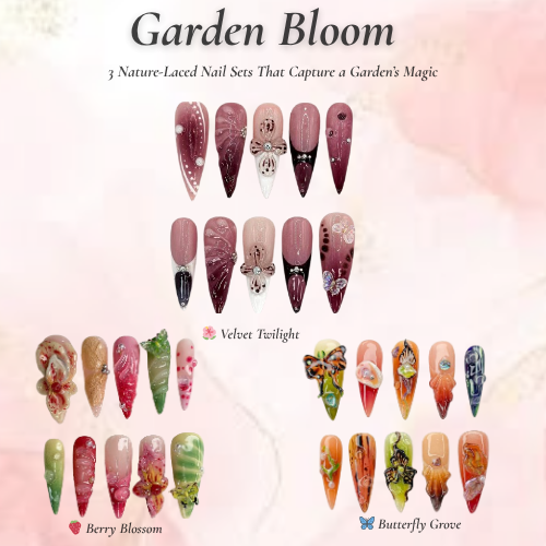 Garden Bloom Nail Bundle 3 Nature-Inspired Press On Sets Velvet, Berry, Butterfly Designs