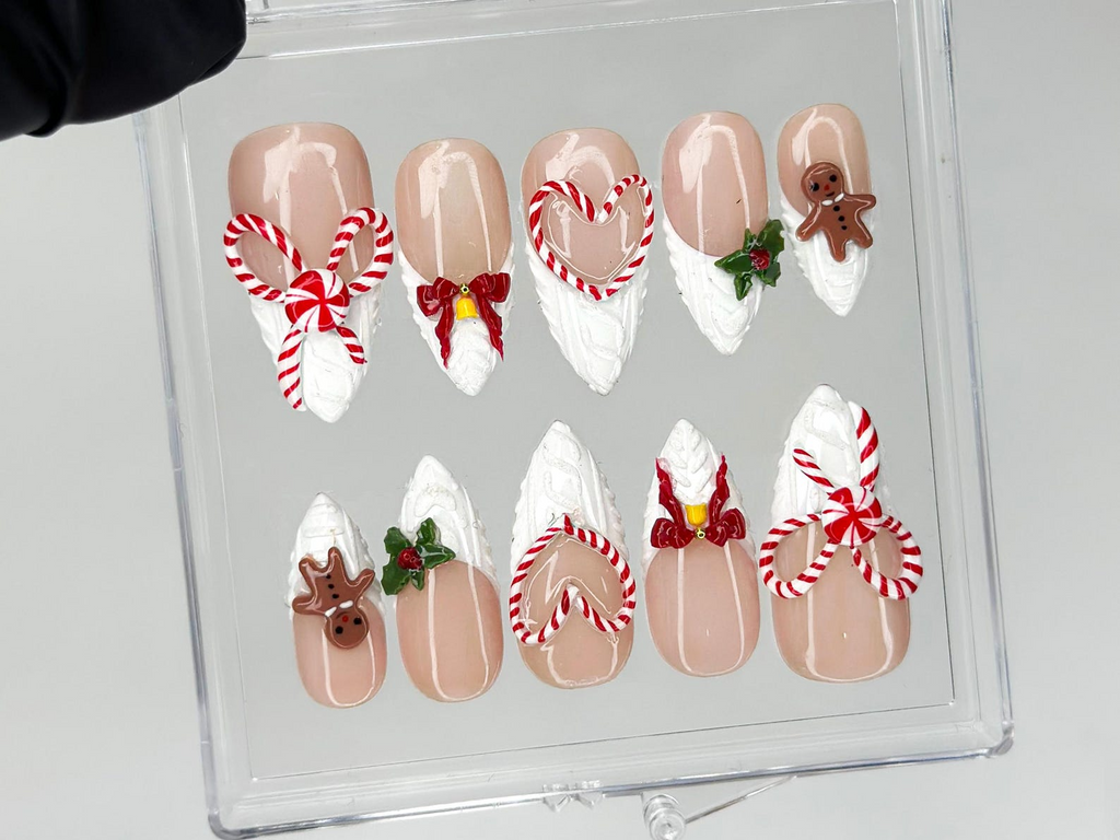Winter Wonderland Press On Nails For Christmas 3D Christmas Cookie Nail Art Red White Holiday Nails Gingerbread & Bow Press Ons