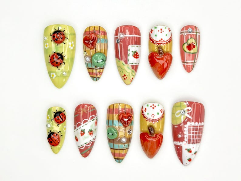 Ladybug, Strawberry Press On Nails Vintage Strawberry Nail Art3D Fruit & Plaid Design NailsSummer Fruit Press OnsCute NailsOB835YK