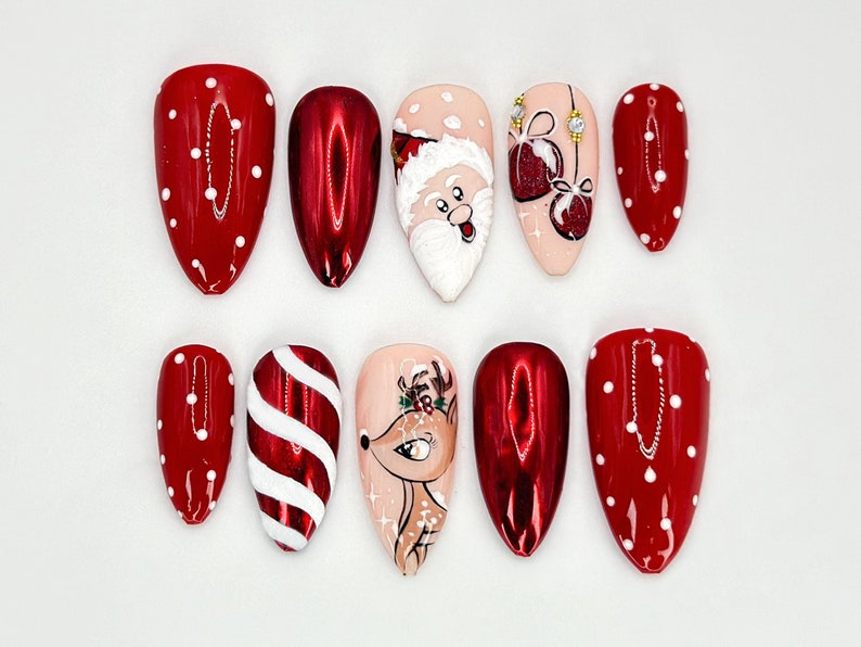 Press On Nails For Christmas, Santa, Reindeer and Holiday Ornaments Details