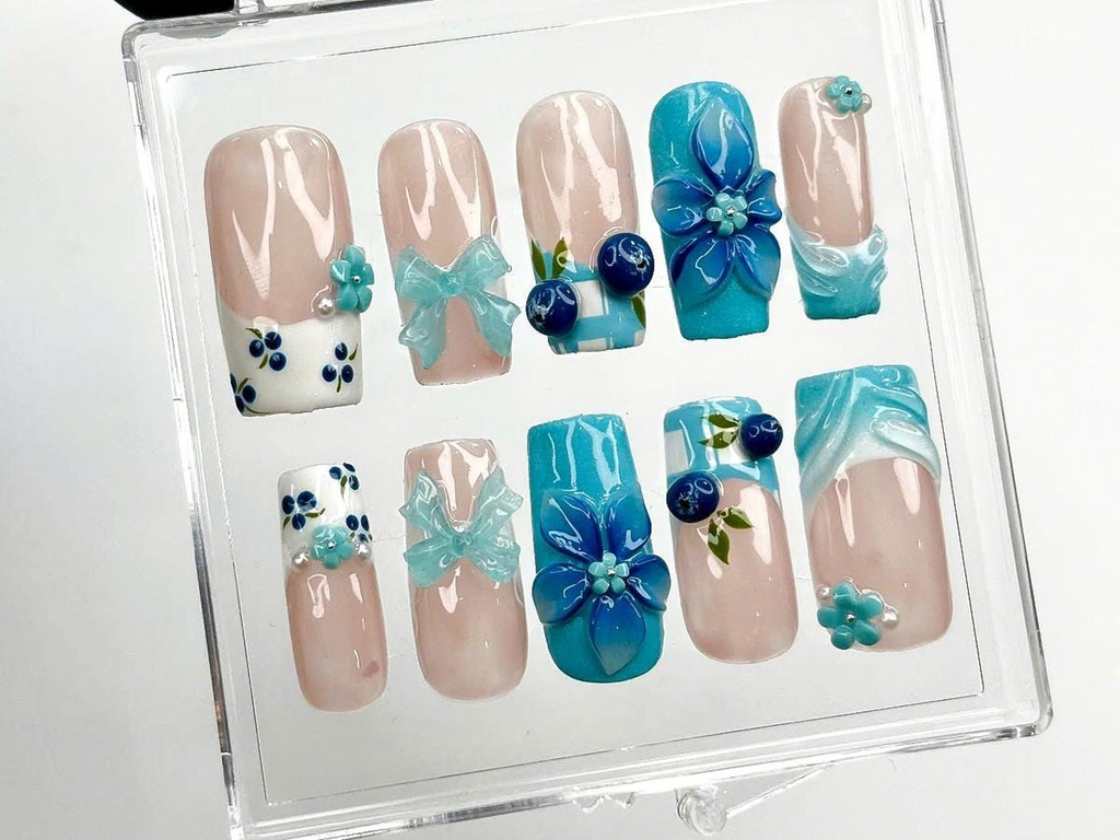 3D Blue Flower Press on Nails Elegant Blue Floral Nail Art Handmade Summer Nails Gift for her Summer Vibes Beach nails