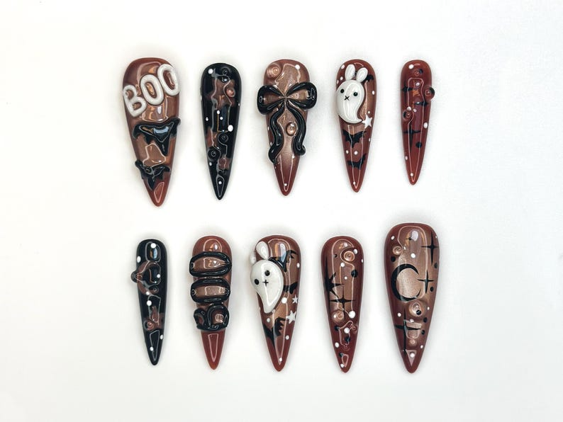 Boo Ghost Bunny Press On Nails, Cute Halloween Nail Set, Handmade Brown Nude Nails, Spooky