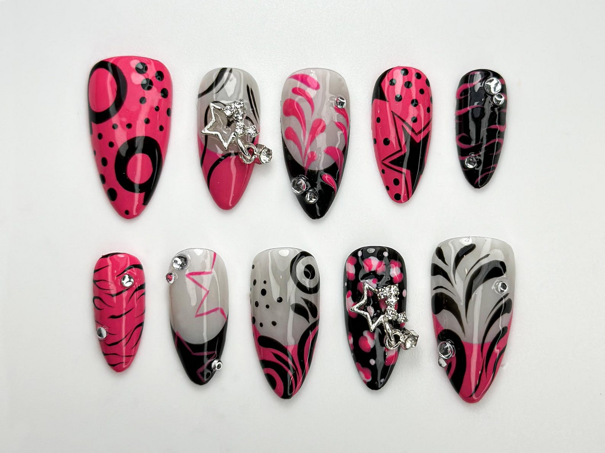 Y2K Hot Pink Press On Nails Retro Pop Art Nail Set Black & Pink Graphic Nails with Star Charms Y2K Vibes Acrylic Press Ons OC795HK