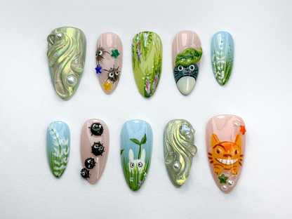 Whimsical Totoro Press On Nails Ghibli Totoro & Friends Nail Set Forest Spirit And Soot Sprite Set Handmade Totoro Nail Art