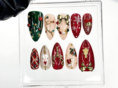 Luxe Christmas Press On Nails, Red Green Gold Christmas Nails, 3D Bow & Bell Nail Art