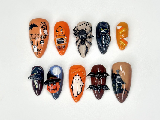 Haunted Night Press On Nails, Halloween Ghost Bat & Spider Nails, Pumpkin Candy Corn