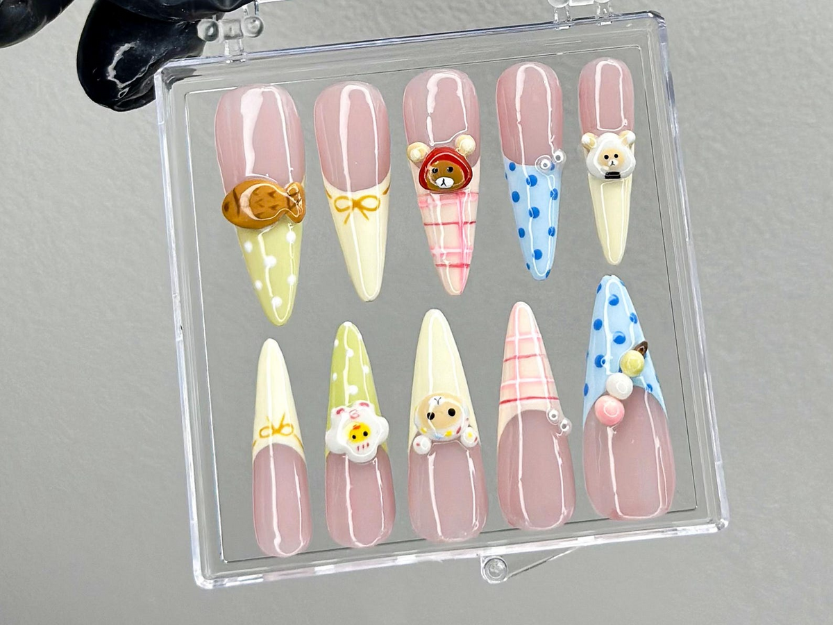 Cute 3D Cartoon Press On Nails Pastel Kawaii Nail Art 3D Bear Picnic Press Ons Gingham Pastel Fake nailsAnimal Kawaii Nails