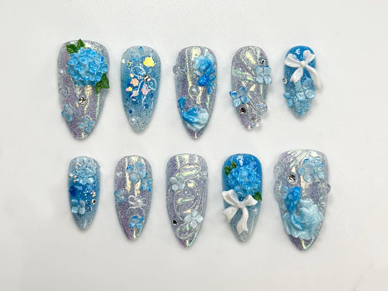 Iridescent Blue Garden Press On Nails 3D Floral Glitter Nails Elegant Blue Press On Nails Handmade Romantic Bridal Set OB774HC
