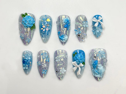 Iridescent Blue Garden Press On Nails 3D Floral Glitter Nails Elegant Blue Press On Nails Handmade Romantic Bridal Set OB774HC