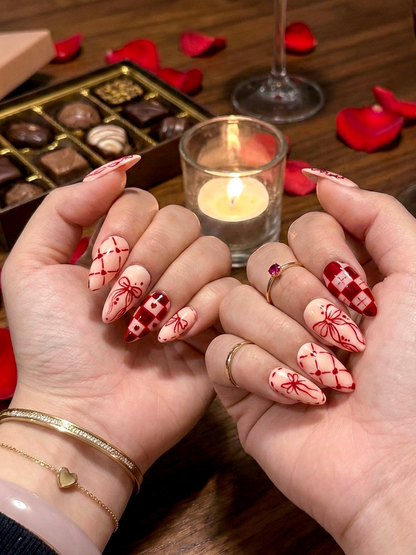 Sweetheart Bow Valentine Press On Nails Heart Ribbon Romantic Nail Art Red Gingham Love Nails Cute Romantic Nail Set