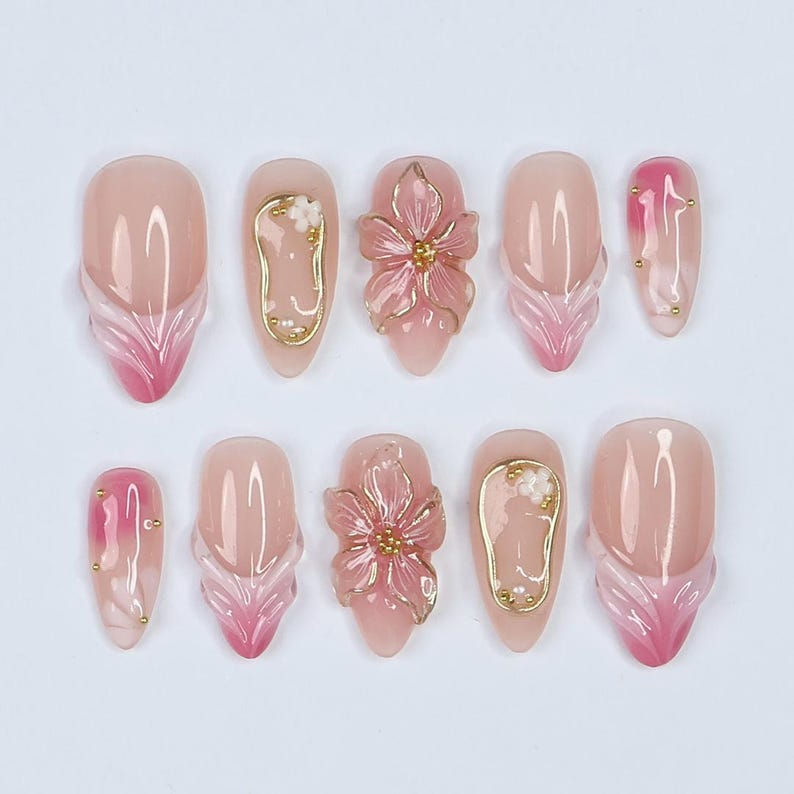 Blush Bloom Elegance Press On Nails with 3D Floral Accents, Gold Details & Pink Ombre