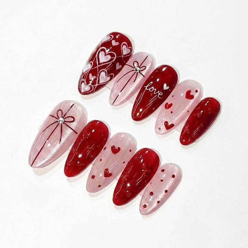 Valentine’s Day Heart Press On Nails Red & Pink Romantic Nail Set Handmade Gift for Girlfriend Elegant Stiletto Fake Nails