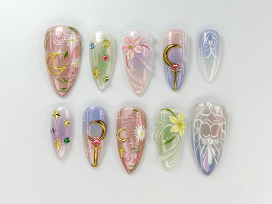 Sailor Moon Press On Nails Pastel Magical Girl Nail Art Iridescent Anime Design Kawaii Anime Press On Handmade Cosplay NailOB746HK