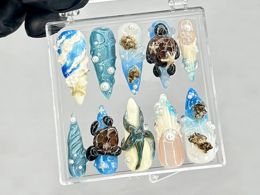 Under the Sea Press On Nails Sea Turtle 3D Nail Art Beach Theme Press Ons Mermaid Core Fake nails Blue Beach Vibes Nails