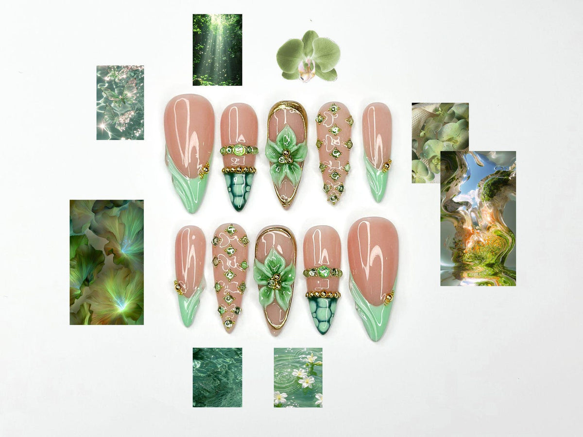 Jade Green Press On Nails with 3D Flower and Gold Detail, Elegant Floral Nails in Almond