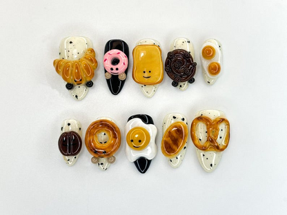 Breakfast Food Press On Nails 3D Croissant Donut Nail Art Toast and Egg Handmade Nails Fun Foodie Nails