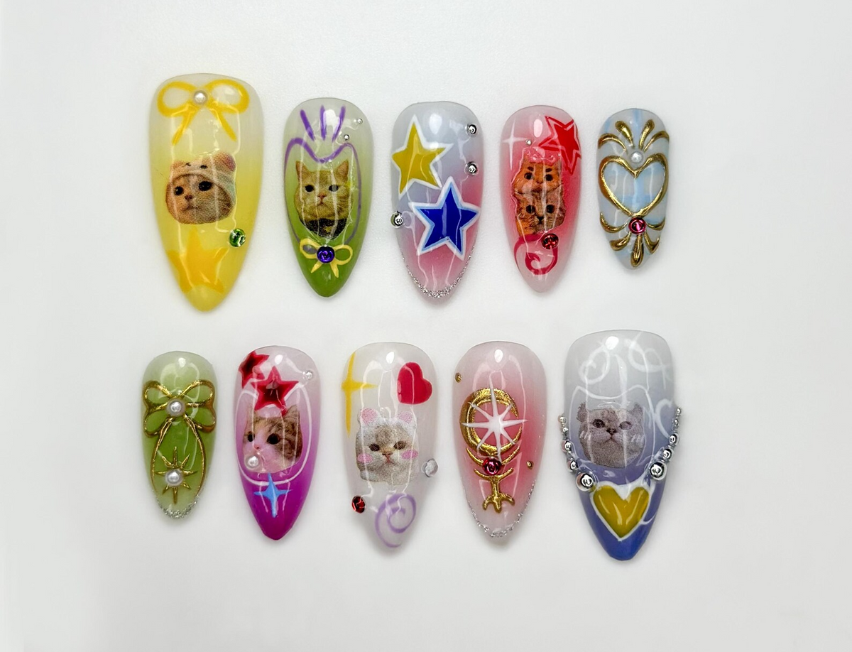 Kawaii Cat Press On Nails Y2K Cute Kitty Nails Colorful Nails Harajuku Pop Nail Art