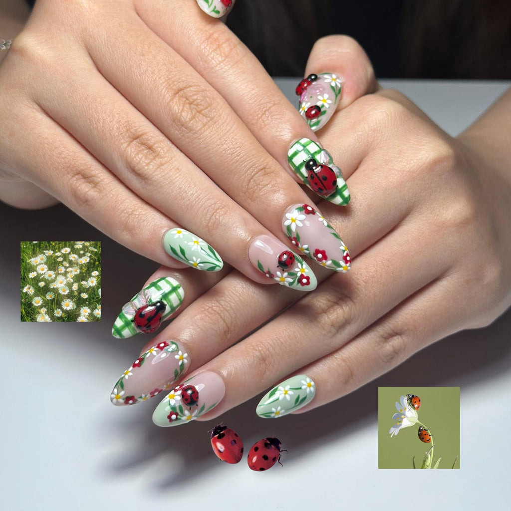 Cottagecore Daisy Ladybug Nails Spring Gingham Press On Nails Cute Picnic Nail Art Green