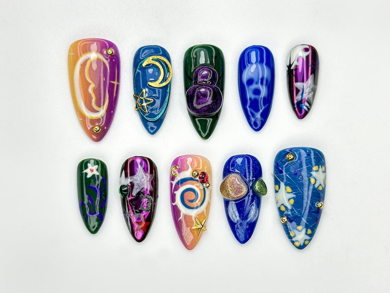 Galaxy Swirl Press On Nails Cosmic Star Moon Nail Art Mystical Space Inspired Nails Purple Blue Galaxy Tips Celestial Nail