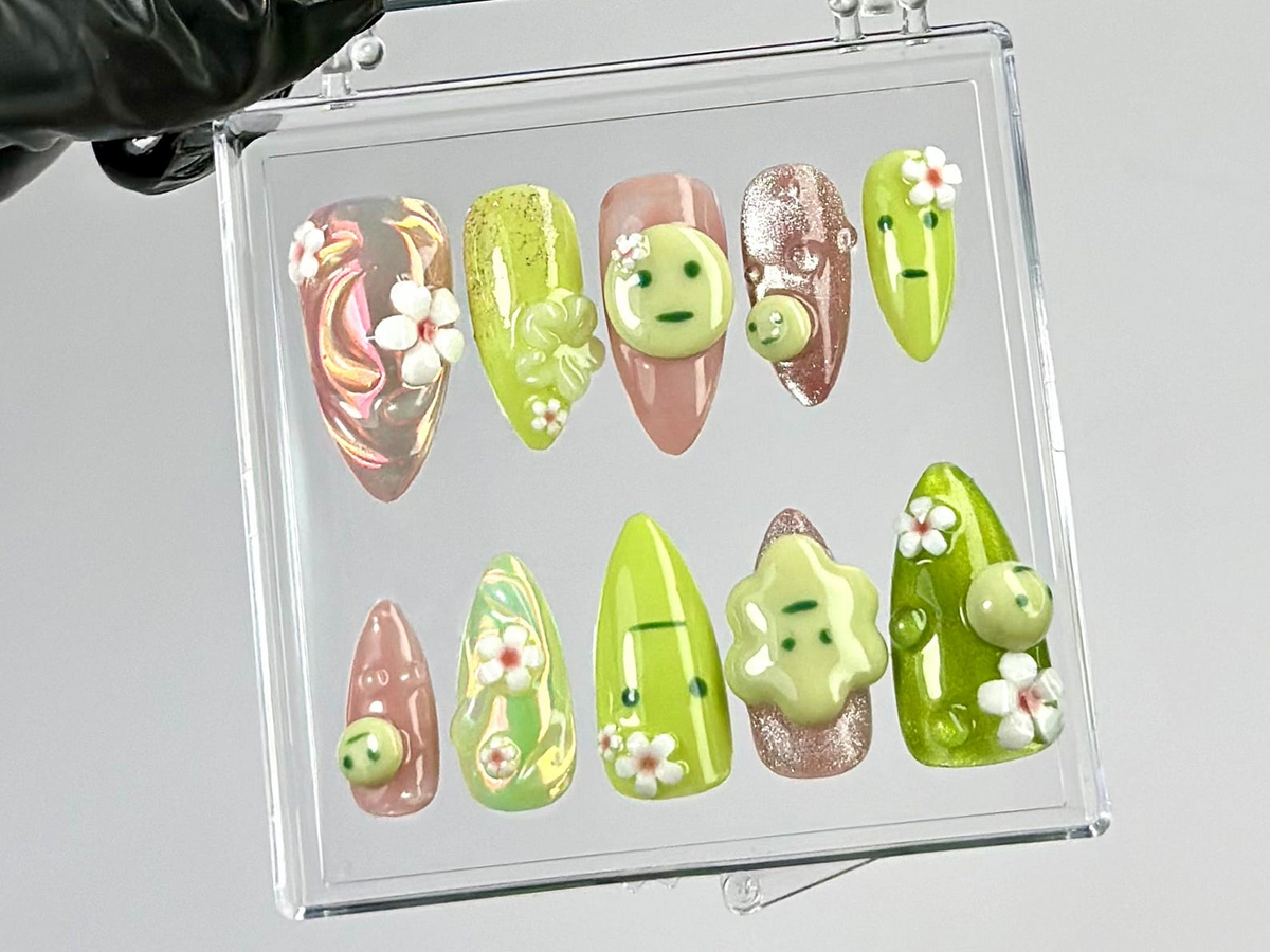 Kawaii Green Press On Nails by Dory Nails Green & Pink 3D Nail Art Whimsical 3D Fake Nails Kawaii Nails with Flowers Gifts OC790YK