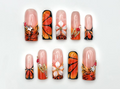 Sunset Flame Floral Press On Nails Orange Butterfly Nails 3D Flower & Star Charms Nail Art Handmade Long Nail Set