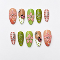 Ladybug Press On Nails Almond • Spring Garden Gift • Pink Green 3D Flower Cute Kawaii