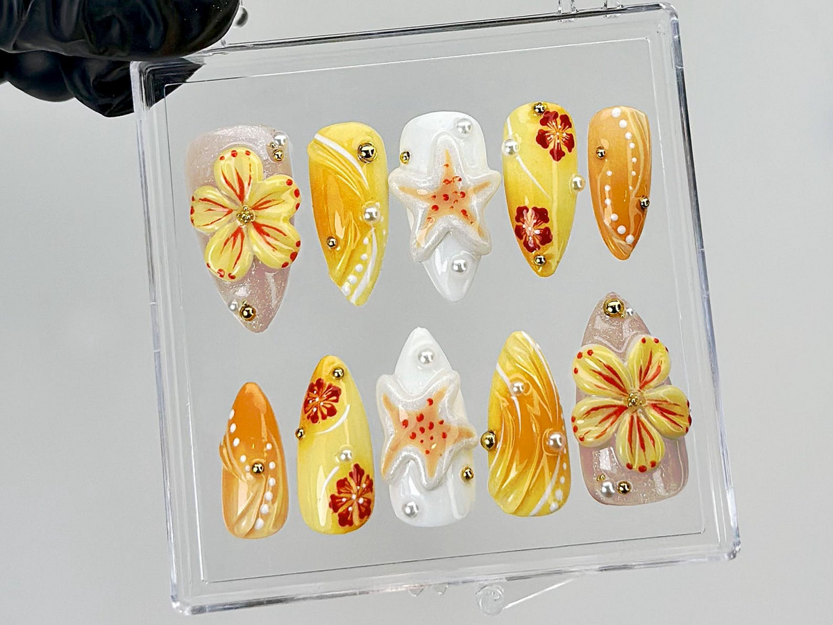 Tropical Summer Press On Nails 3D Flower & Starfish Fake Nails Beach Vibes Nail Art Orange Yellow Floral Press Ons Summer OB881YK
