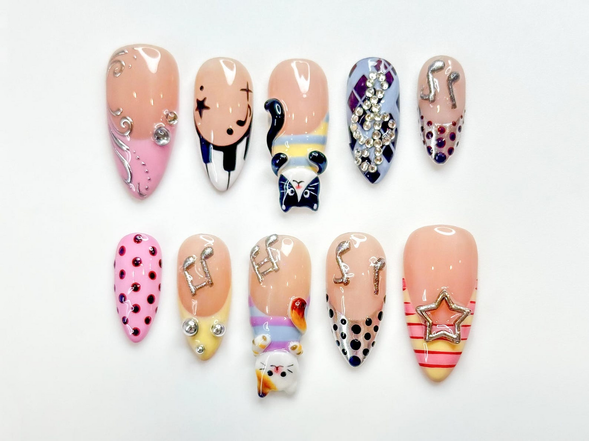 Polka Dot Cat Melody Press On Nails Cute Cat Nail Art for Music Lover Polka Dot Nude Nails