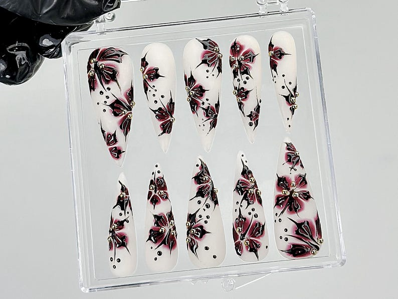Black Red Flower Press On NailsGothic Floral Fantasy Nail ArtHandmade Dark Nails