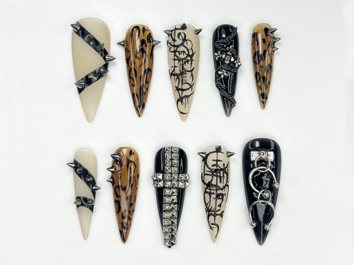 Gothic Punk Stiletto Press On Nails Leopard Chrome Nail Art Edgy Studded Nail Design Alt Fashion Black Nails
