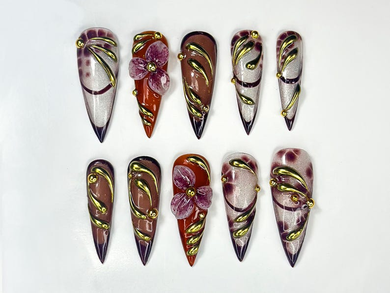 Fall Orchid Press On Nails, Burgundy Floral Nail Art, Luxury Handmade Long Nails, Stiletto