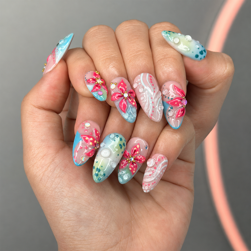 Summer Floral Press On Nails Almond • Tropical Vacation Gift for Her • Flowers Handmade