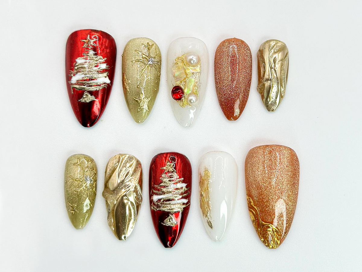 Christmas Tree Press On Nails Red & Gold Holiday Nail Art with 3D Details Christmas