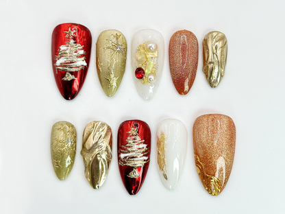 Christmas Tree Press On Nails Red & Gold Holiday Nail Art with 3D Details Christmas