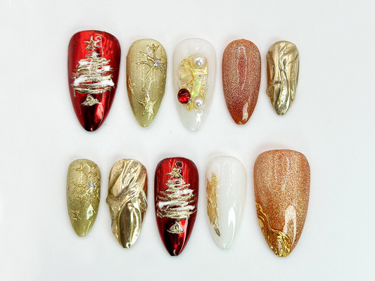 Christmas Tree Press On Nails Red & Gold Holiday Nail Art with 3D Details Christmas