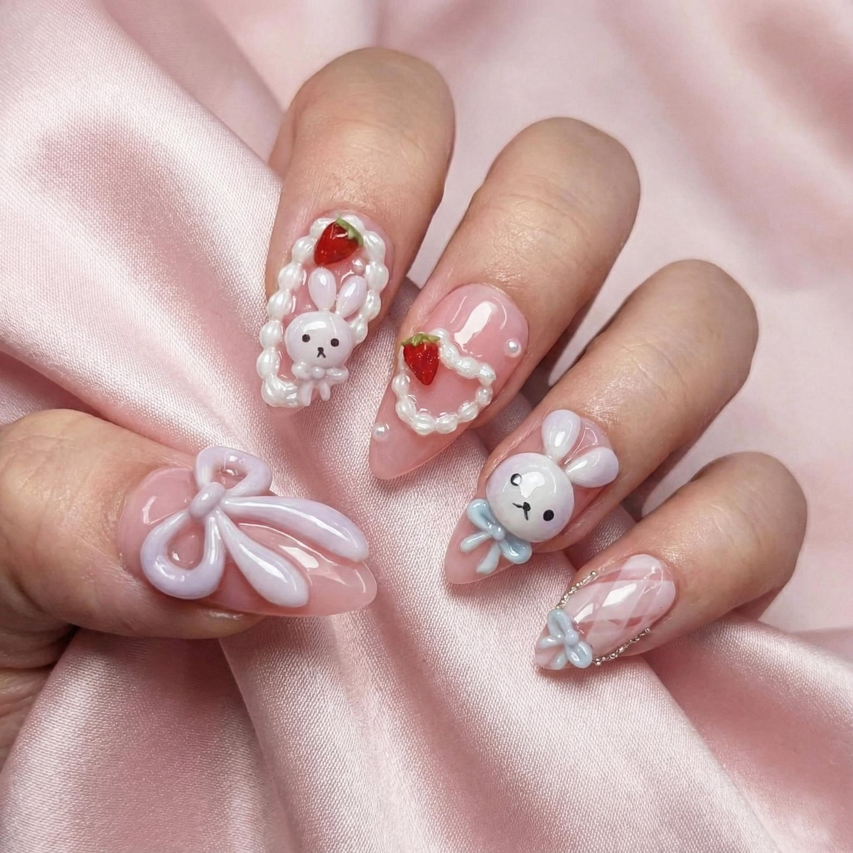 Soft Pink Bunny Press On Nails Kawaii Nail Art with Bows Handmade Pastel Nails Sweet Gift for Her