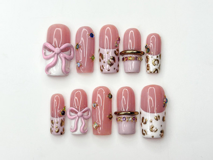 Blush Pink Leopard Press On Nails for Luxury Nail Lovers Nude Pink Nails with 3D Bow