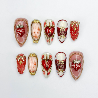 Gothic Strawberry Press On Nails Red Heart Cross Nail Art Luxury Handmade Press Ons Statement Nails